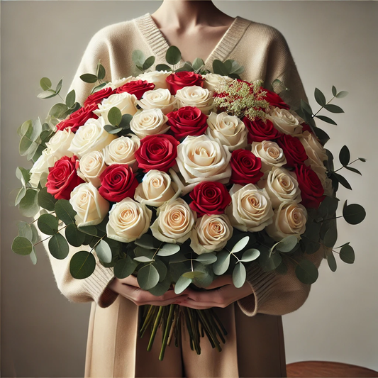 Bouquet de Roses Rouges et Blanches Amour Contrasté