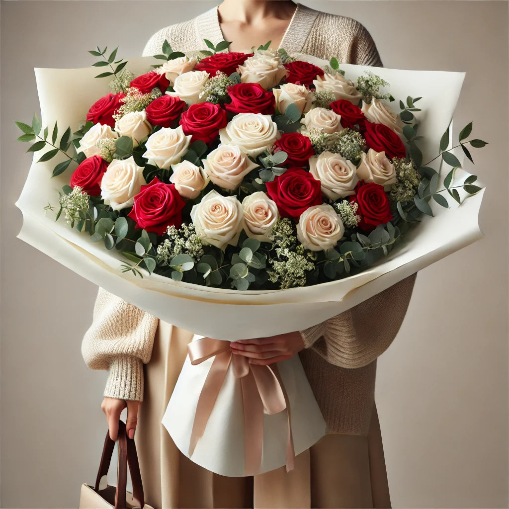 Bouquet de Roses Rouges et Blanches Amour Contrasté