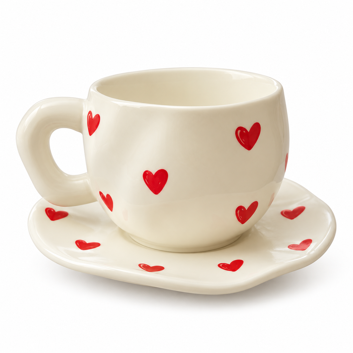 Tasse et soucoupe en céramique crème aux motifs rouges OhSouk