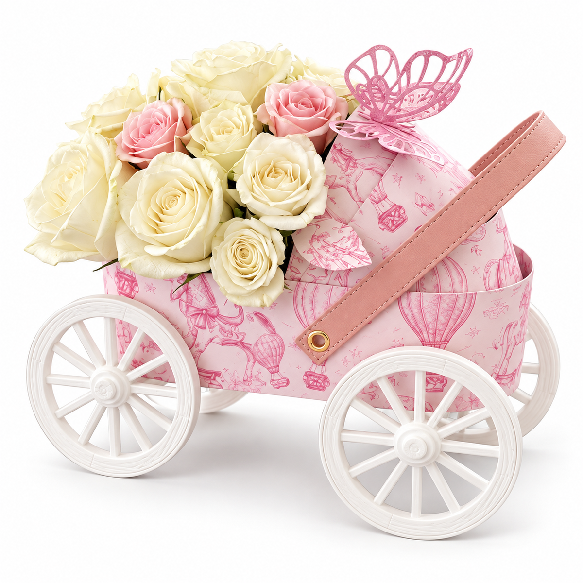 Le Petit Landau OhSouk, cadeau de naissance en roses fraîches avec papillon ajouré, vue 2