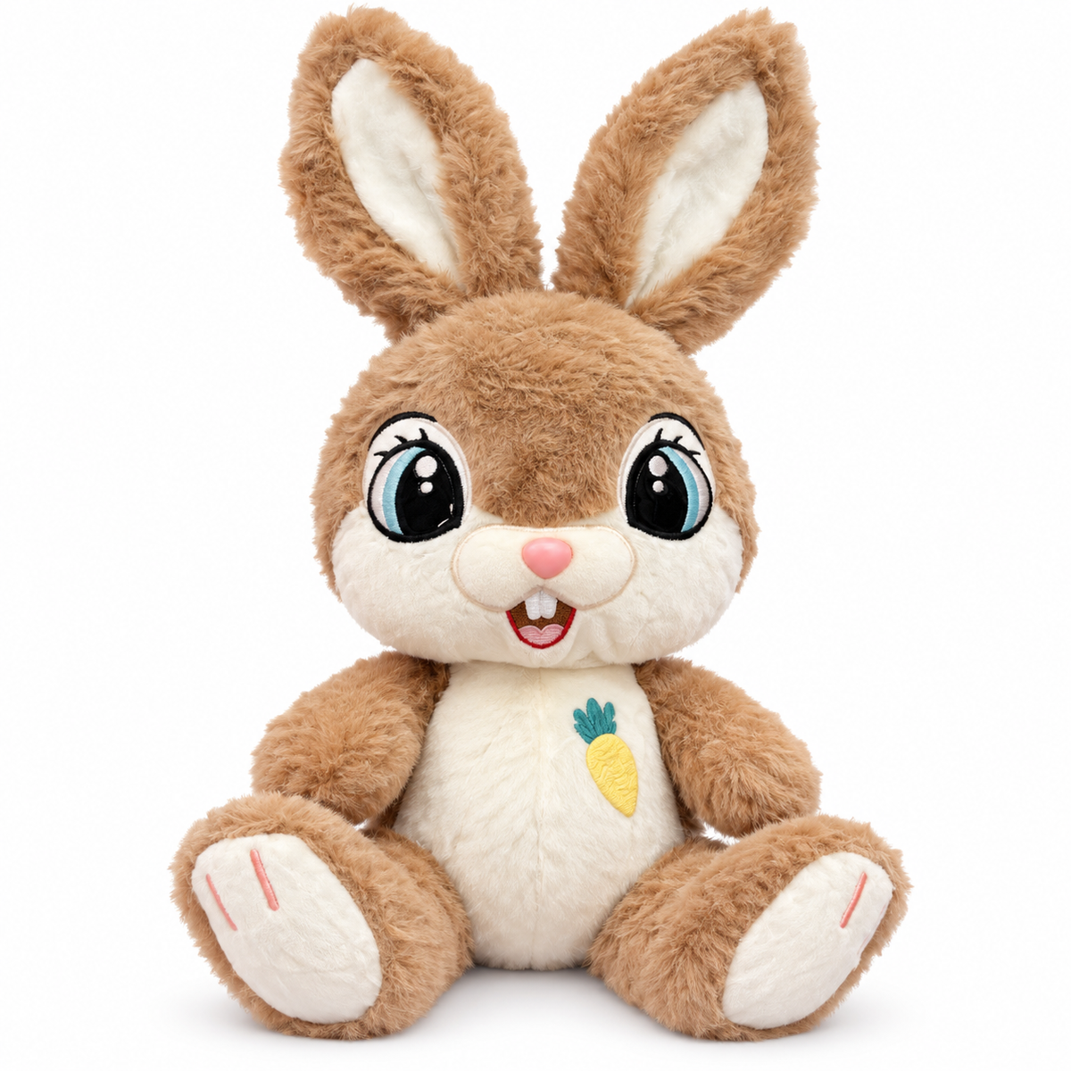 Peluche lapin brun aux grandes oreilles avec carotte brodée sur le ventre