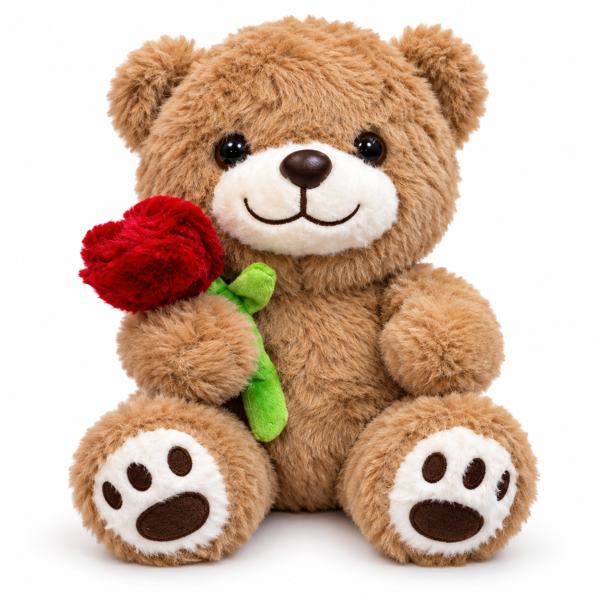 Peluche ours brun tenant une rose rouge en peluche