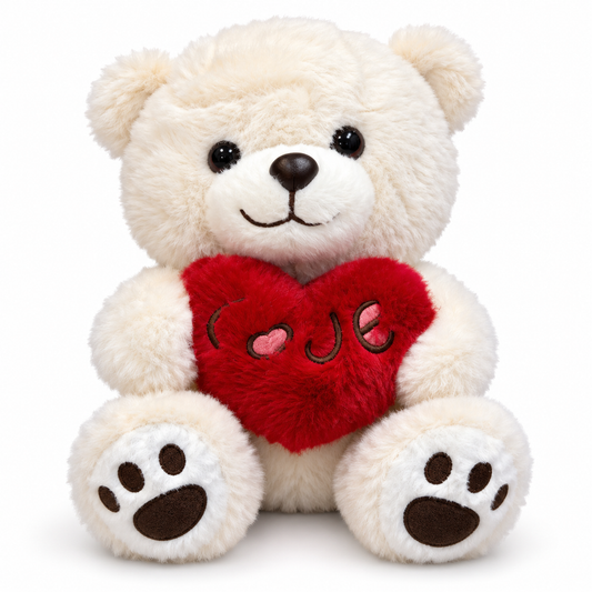 Peluche ours crème tenant un cœur rouge brodé Love