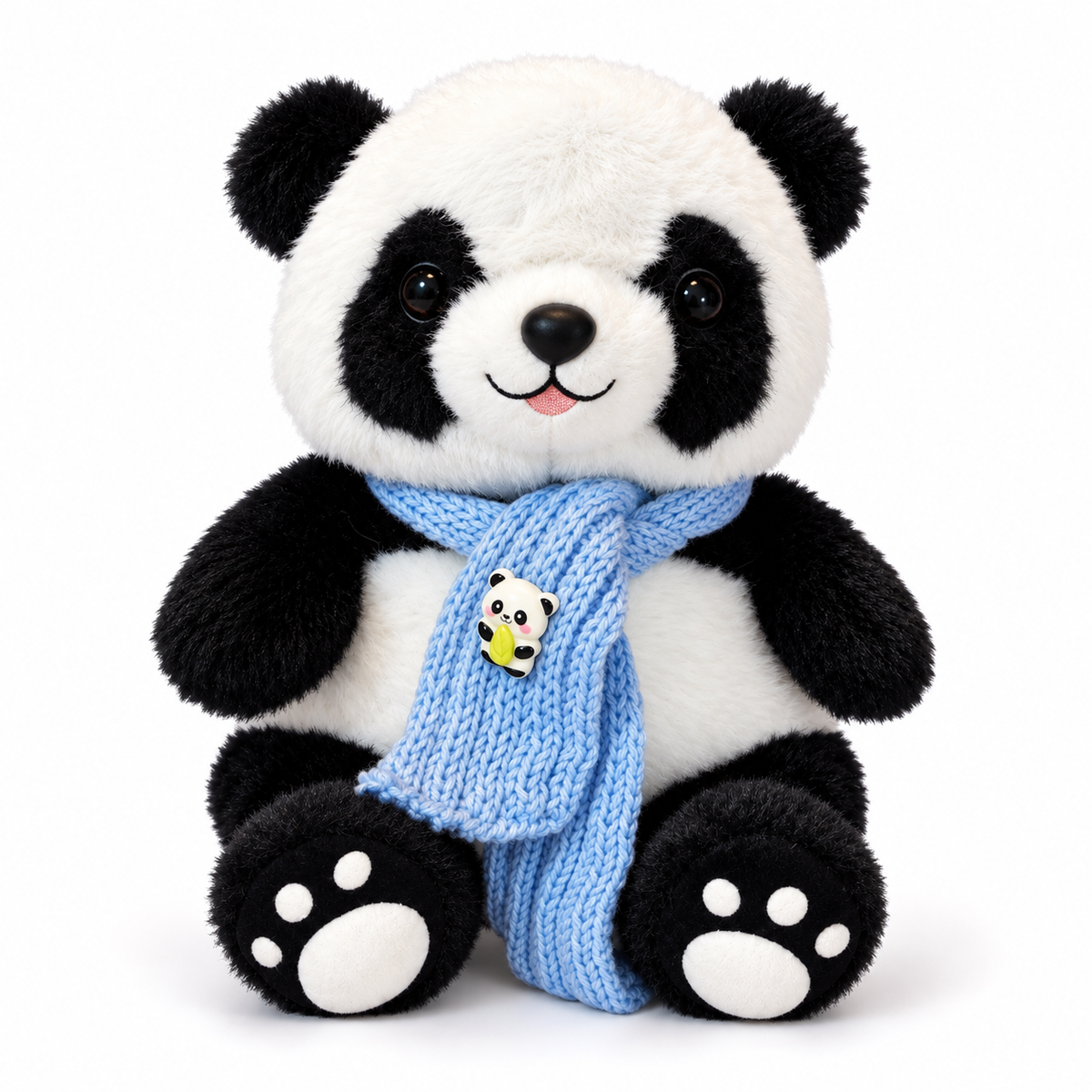 Peluche panda avec écharpe tricotée bleue