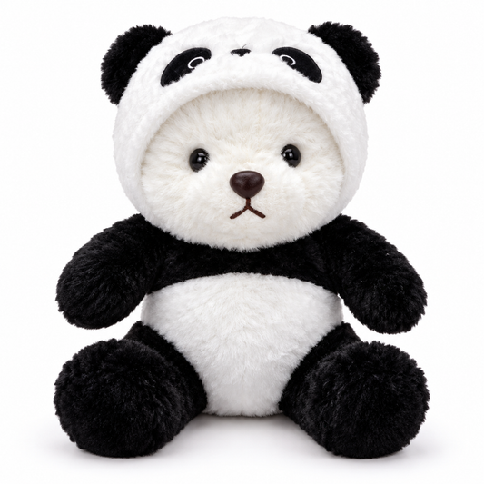 Peluche ourson déguisé en panda avec capuche à oreilles