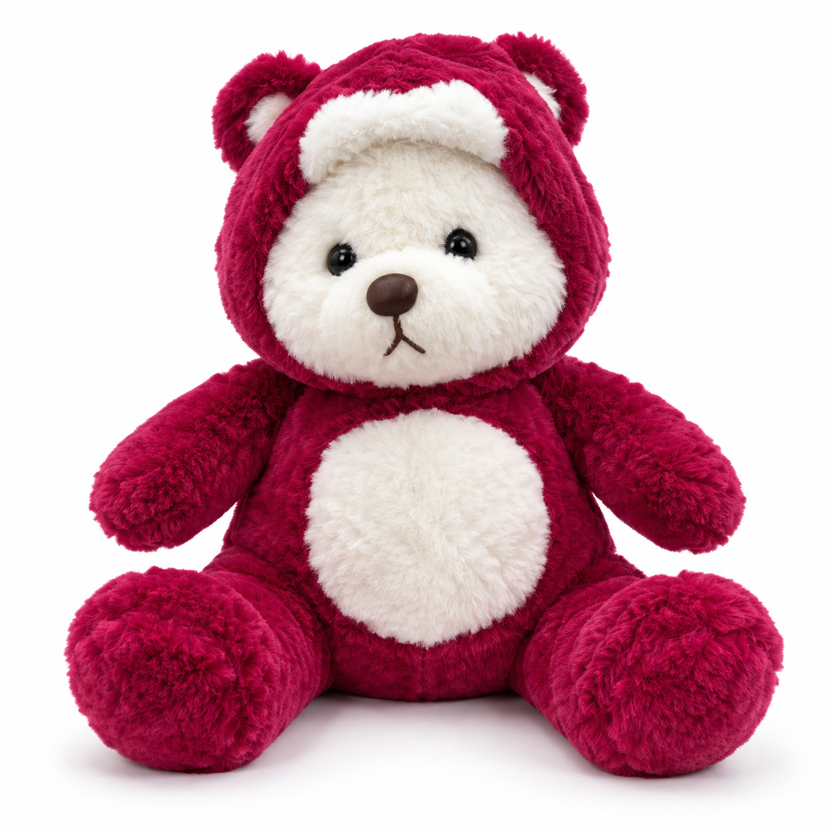 Peluche ourson crème avec capuche framboise et ventre crème