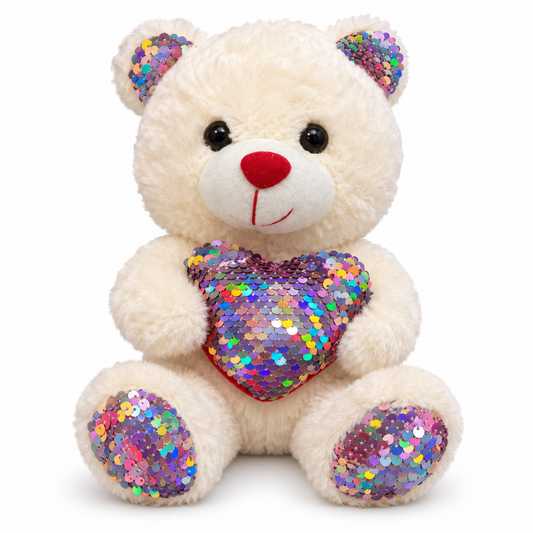 Peluche ours crème avec cœur en sequins irisés arc-en-ciel