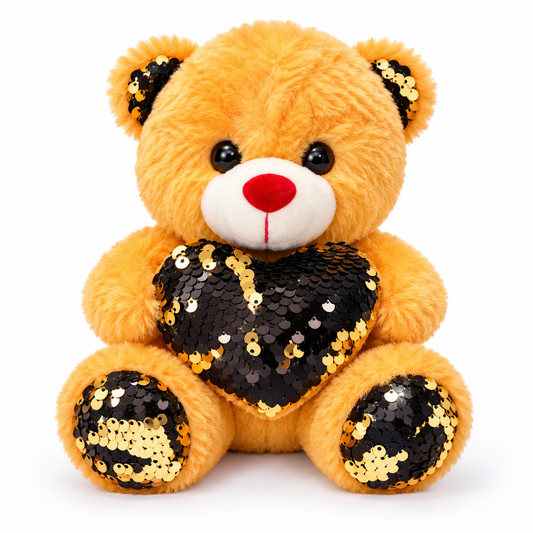 Peluche ours miel avec cœur en sequins noir et or