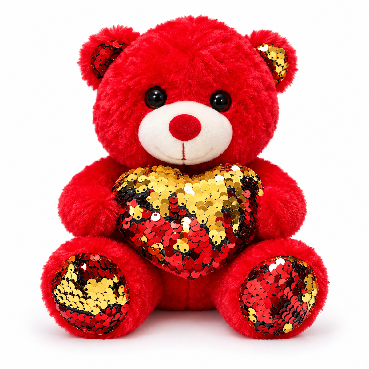 Peluche ours rouge avec cœur en sequins rouges et or