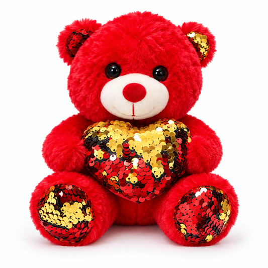 Peluche ours rouge avec cœur en sequins rouges et or