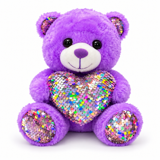 Peluche ours violet avec cœur en sequins irisés