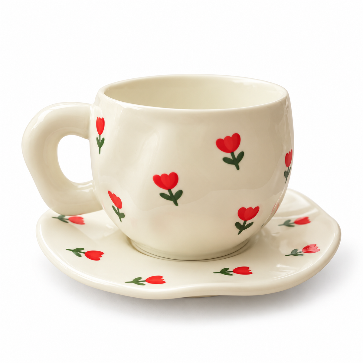 Tasse et soucoupe en céramique crème motif tulipes rouges OhSouk